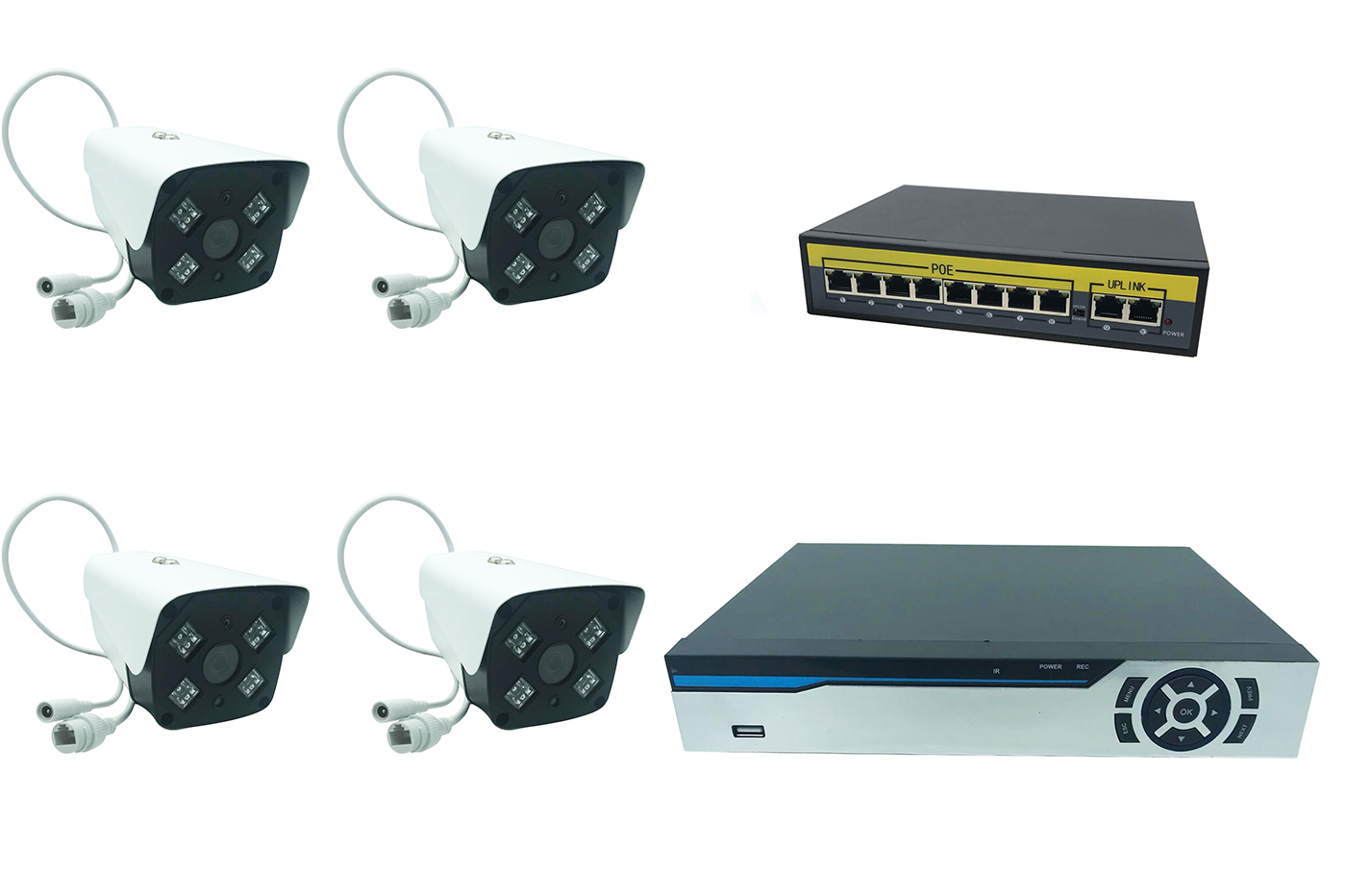 Kit videosorveglianza dvr 4ch nvr ahd 4 telecamere IP led array switch Poe 8port Kit videosorveglianza dvr 4ch nvr ahd 4 telecamere IP led array switch Poe 8port