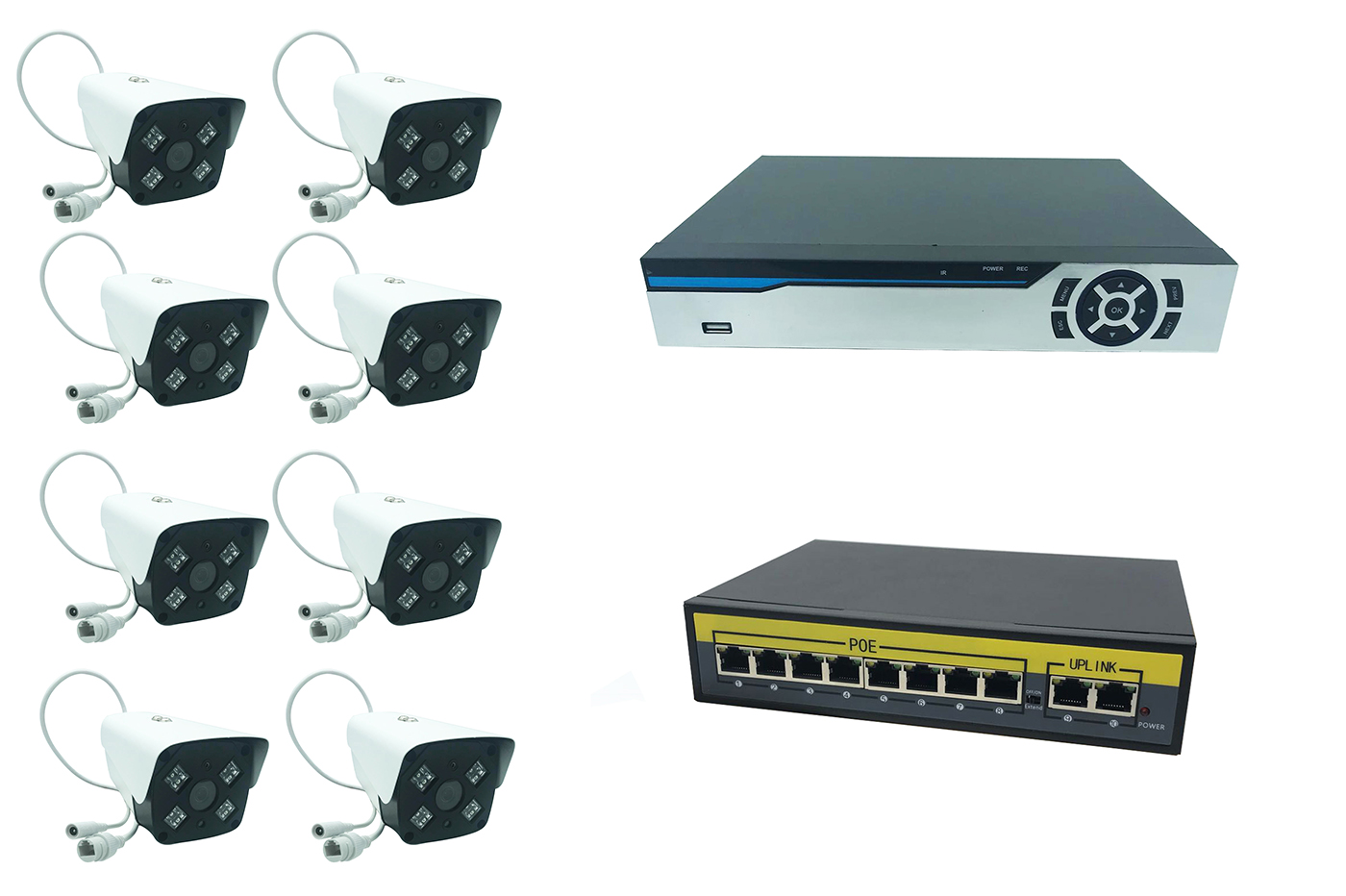 Kit videosorveglianza dvr 8ch nvr ahd 8 telecamere IP led array switch Poe 8port Kit videosorveglianza dvr 8ch nvr ahd 8 telecamere IP led array switch Poe 8port