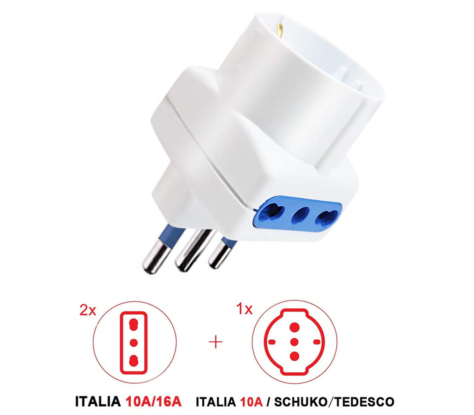 BES-33773 - Prolunghe Elettriche, Avvolgitori e Prese - beselettronica -  Adattatore Tripla Spina 16A 2 Prese BiPasso 10/16A 1 Presa Schuko 10A 250V