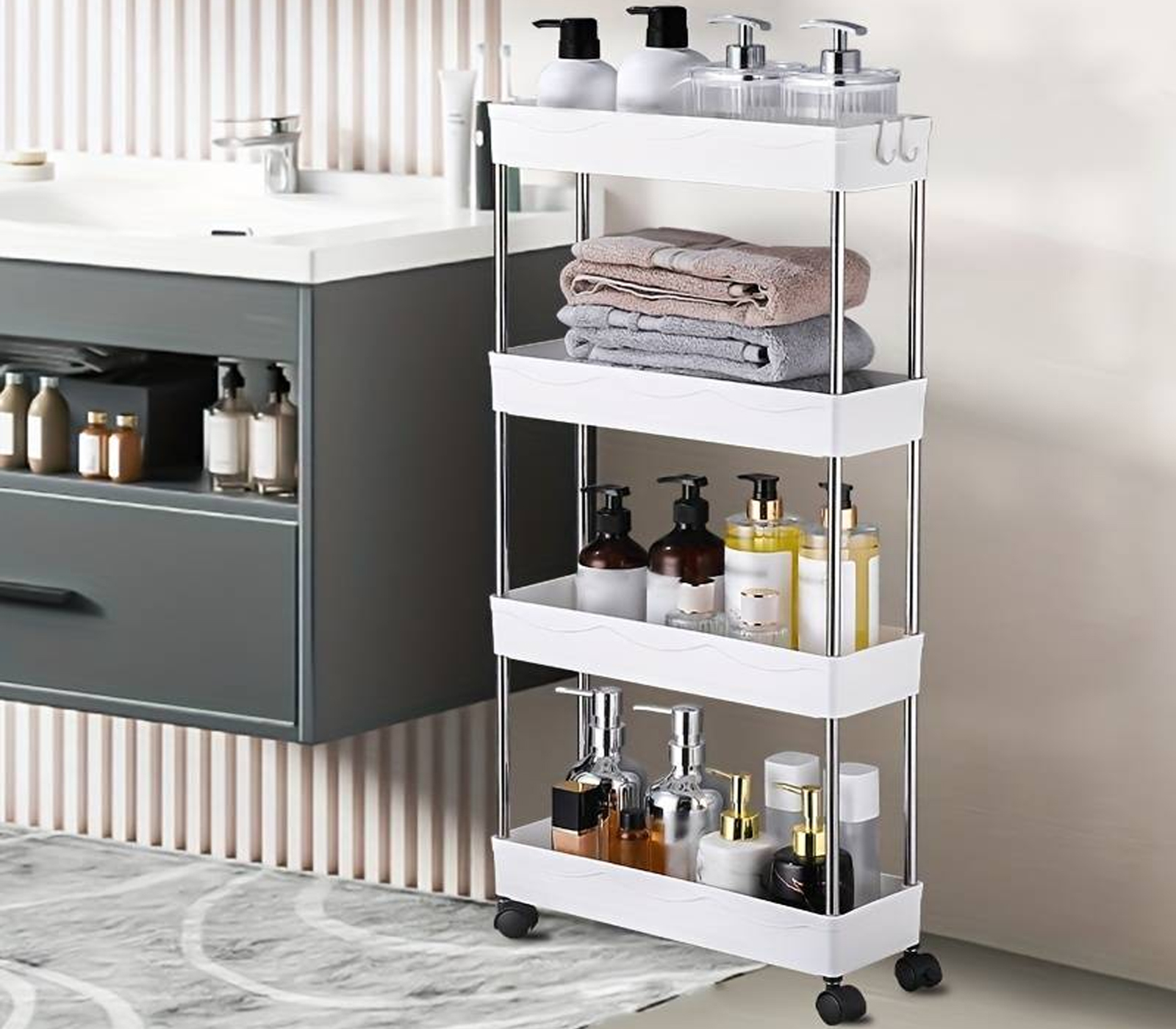 DecHome Carrello Bagno Salvaspazio a 3 Ripiani con Rotelle e Maniglia in  Legno 48x15x80cm Bianco - 279V00WT-838