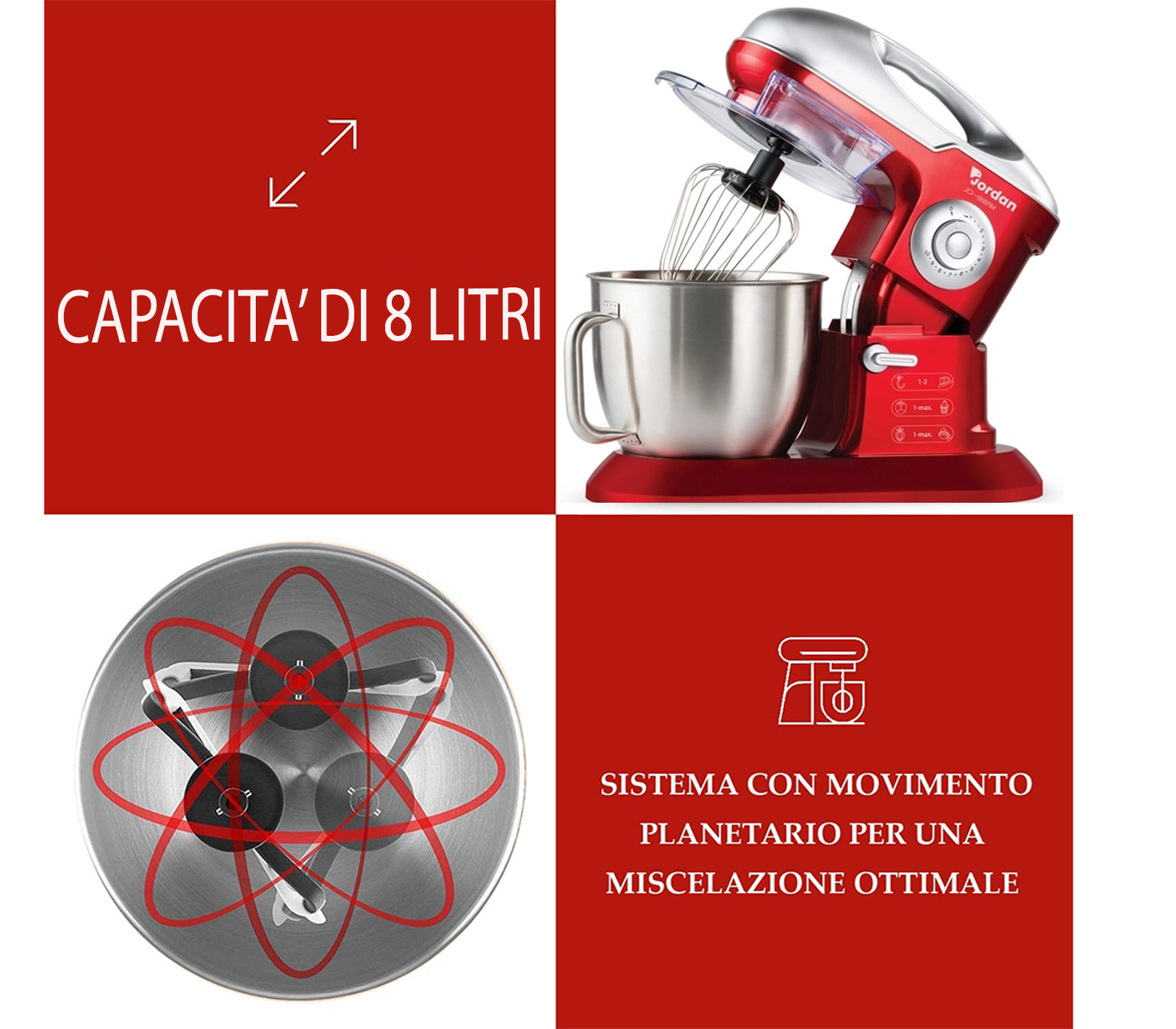 BES-34219 - Piccoli e grandi elettrodomestici - beselettronica -  Impastatrice Planetaria 8L 1900W 10 Velocita Accessori Robot Cucina Rosso  Jordan