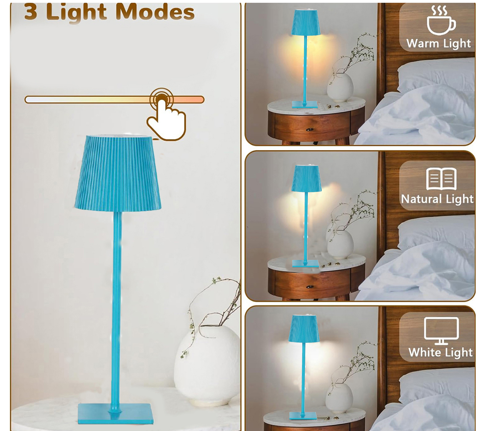 BES-34835 - Lampade da Tavolo - beselettronica - Lampada Tavolo Senza Filo  Azzurro Touch Dimmerabile 3 Tonalita' Ricaricabile