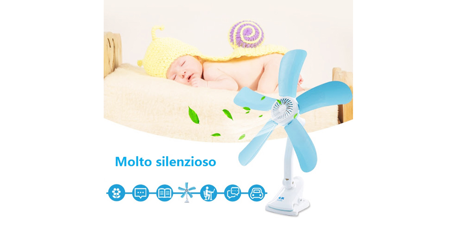 MINI VENTILATORE 5 PALE PORTATILE SNODABILE CON BASE PINZA TAVOLO CASA VIAGGIO