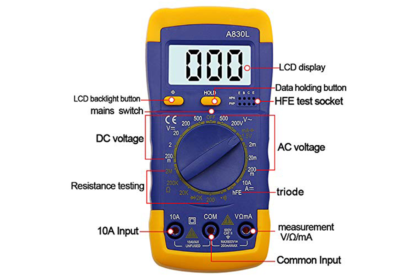 Multimetro Tester Digitale Schermo LCD con Cavi Puntali Amperometro Multimeter