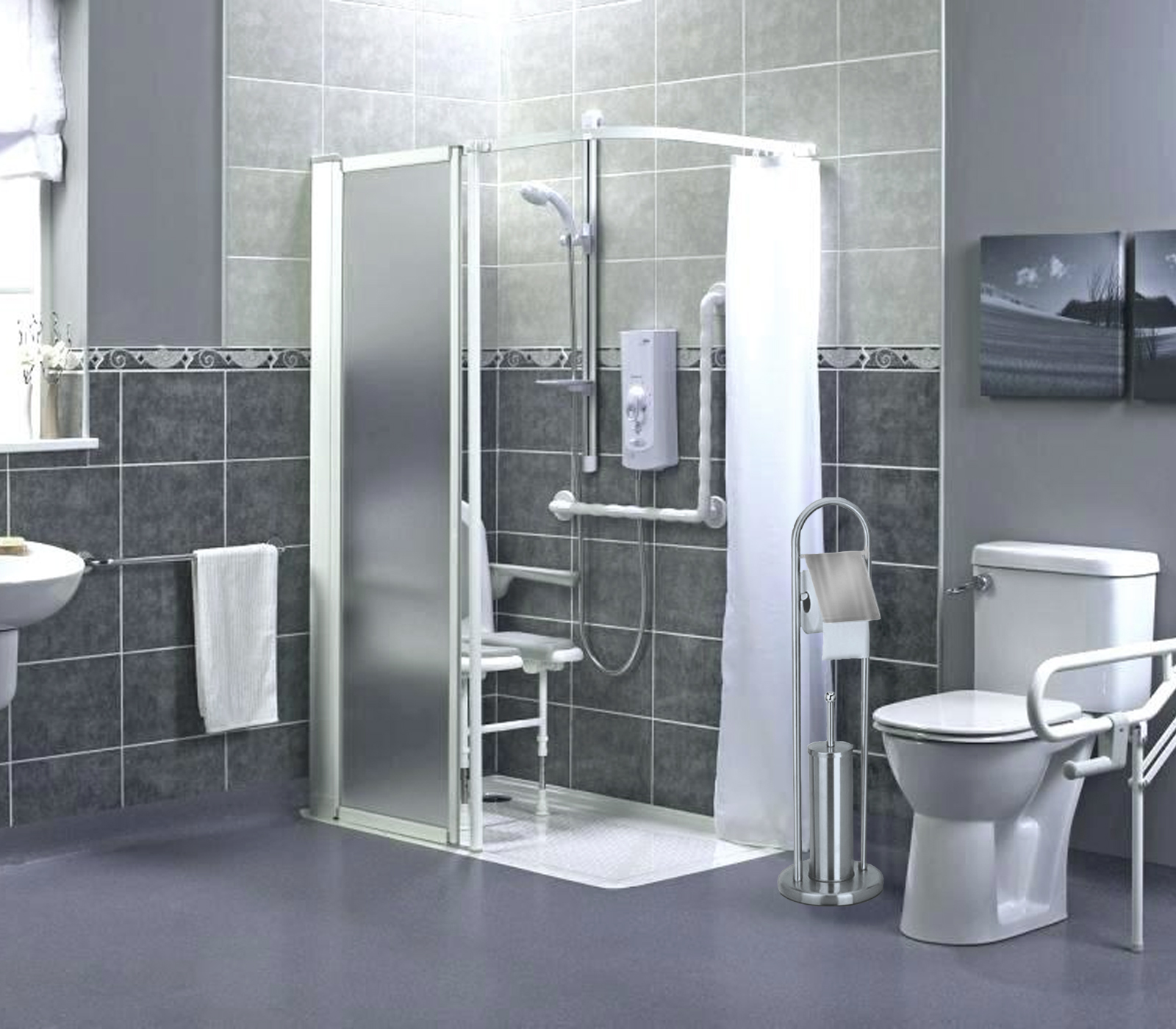 BES-34335 - Complementi arredo bagno - beselettronica - Porta Scopino Bagno  Porta Rotolo Carta Igienica Terra Acciaio Inox Piantana 80cm