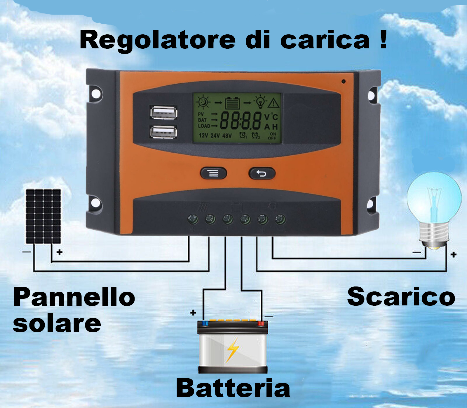 BES-24349 - Illuminazione ad Energia Solare - beselettronica - Regolatore  di carica pannello solare 12-24V 20A fusibile controller ricarica