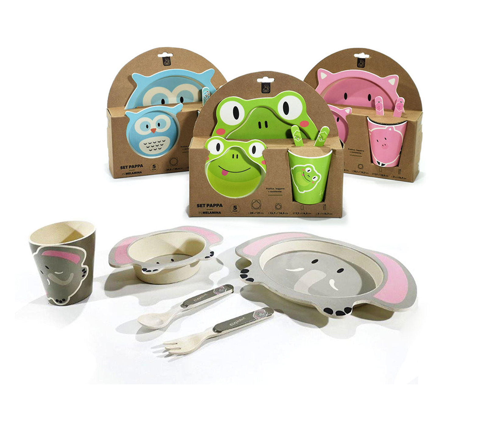 BES-33462 - PER BAMBINI - beselettronica - Set Pappa Rana 5pz stoviglie  Bambini Melamina Svezzamento Piatto Ciotola Tazza